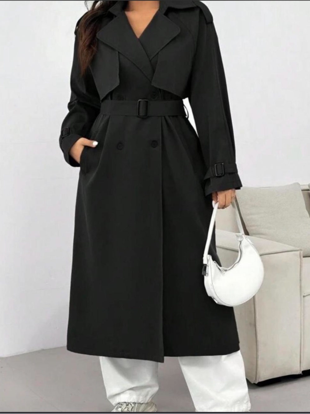SHEIN Black Curve Trench Coat